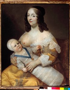 Representación del futuro Rey Luis XIV (1638-1715) bebé, en un traje de baño en los brazos de su nodriza Marie de Longuet de la Giraudiere. El pecho de la mujer está descubierto y listo para amamantar al niño de Henri Beaubrun