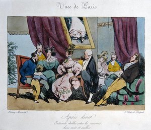 Representación humorística del comportamiento y conversación de los invitados después de la cena, caricatura para 