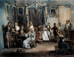 Una velada en la reunión social de Madame X en el salón de una mujer parisina. Acuarela de Henry Monnier (1805-1877) Siglo XIX de Henri Bonaventure Monnier
