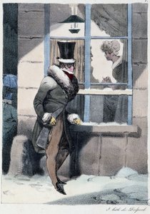 Hombre curioso mirando por la ventana dentro de una casa: "Everyone Takes His Pleasure Where He Finds Him" - en "Les Pastemps" de Henri Monnier, ed. Delpech, París