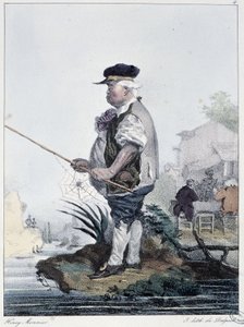 Hombre pescando: “Cada uno toma su placer donde lo encuentra” - en “Les pastemps” por Henri Monnier, ed. Delpech, París de Henri Bonaventure Monnier