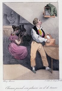 Hombre que cría pájaros mientras su esposa lo engaña: “Cada uno toma su placer donde lo encuentra” - en “Los pasatiempos” de Henry Monnier, ed. Delpech, París, v.1830