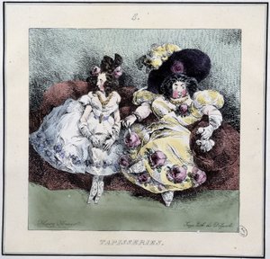 Mujeres feas haciendo "tapestry" sentadas en una sala de estar - en "Parisiennes" de Henri Monnier, ed. Delpech, París