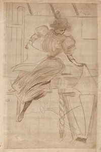 Una mujer ve impresiones en un puesto de impresión de Henri Boutet (possibly)