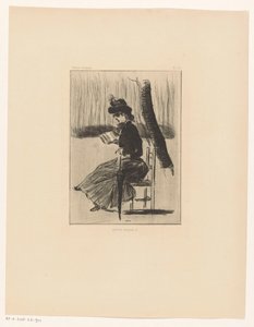 Mujer con un libro y un paraguas en una silla al aire libre
Petits Croquis 5 (título en el objeto) de Henri Boutet