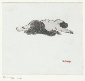 Mujer japonesa recostada con la parte superior del cuerpo desnuda de Henri Charles Guérard (attributed to)