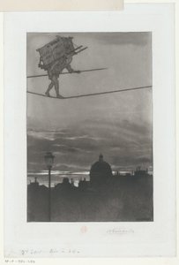 Equilibrista con paquete en la espalda sobre una ciudad Portada para: Henri Béraldi, Les Graveurs du XIXe siècle (...), 1888