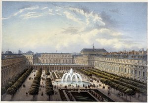 Jardín del Palais-Royal, circa 1820 en “Vistas de París” por Courvoisier 1827