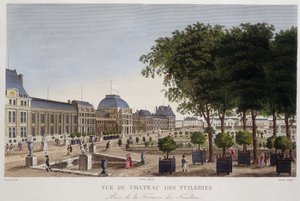 Jardín y Chateau des Tuileries visto desde la terraza de Les Feuillans. Grabado por Courvoisier de Henri Courvoisier Voisin
