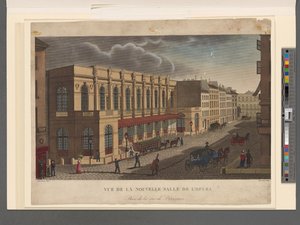 Vista de la nueva sala de la Ópera tomada desde la calle de Provence, grabado por Rousseau, c.1821 de Henri Courvoisier Voisin