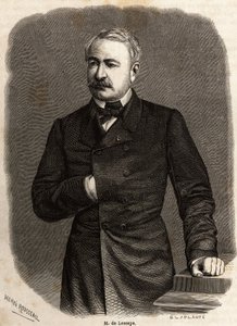 Retrato de Ferdinand de Lesseps (1805-1894) diplomático y empresario, promotor de los dos ambiciosos proyectos: los Canales de Suez y Panamá, dibujo de Henri Rousseau, para ilustrar una excursión al Canal de Suez en 1862 por Paul Merruau. Grabado en 