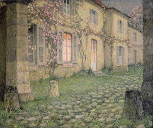 Casa con rosas al anochecer, c.1928 de Henri Eugene Augustin Le Sidaner