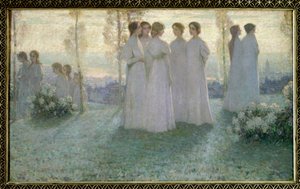 El domingo, mujer vestida de blanco hablando en un jardín de Henri Eugene Augustin Le Sidaner