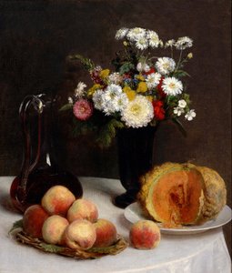 Bodegón con flores, frutas y recipientes de vino. de Henri Fantin-Latour