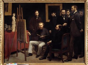 Un taller en Batignolles. Entre los personajes presentes: Otto Scholderer, Edouard Manet sentado en el centro, Pierre Auguste Renoir, Zacharie Astruc, Emile Zola, Edmond Maitre, Frederic Bazille de Ignace Henri Jean Fantin Latour