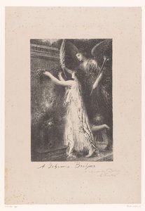 Un ángel y una personificación de la fama llevan una corona de honor a la tumba de Johannes Brahms
Á Johannes Brahms (título en el objeto)