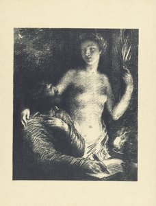 Hombre sentado con pluma en mano y libro abierto y mujer desnuda de pie junto a él como musa o inspiración Inspiración L
