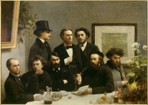 Esquina de la mesa. Representación de una reunión entre, de izquierda a derecha, Paul Verlaine, Arthur Rimbaud, Elzéar Bonnier, Léon Valade, Émile Blémont, Jean Aicart, Ernest d
