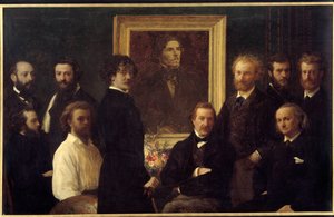 Homenaje a Eugène Delacroix. Los personajes representados son Louis Edmond Duranty (hombre de letras), James Abbott McNeill Whistler (pintor), Champfleury, Jules Husson (hombre de letras), Édouard Manet, Charles Baudelaire, Louis Cordier, Alphonse Legros ( de Ignace Henri Jean Fantin Latour