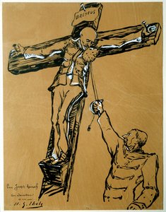 Sátira sobre el caso Dreyfus: "El capitán Dreyfus y el general Mercier (1833-1921): el ministro de guerra que condenó a Dreyfus, en lugar del soldado romano, extiende una esponja al capitán Dreyfus crucificado para que se limpie la cara" de Henri Gabriel Ibels