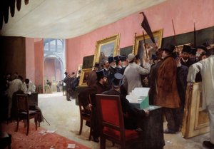 Una sesión del jurado de pintura en el Salón de los artistas franceses (1883) en el Palais de l