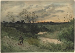 Amanecer: cazador con perro de Henri Joseph Harpignies