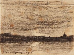 Paisaje al atardecer con vista al agua hacia una ciudad de Henri Joseph Harpignies