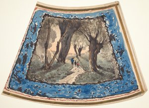 Viajeros en un sendero boscoso con un borde de figuras caprichosas y monos de Henri Joseph Harpignies