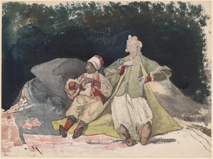 Dos muñecas o marionetas sentadas en cojines