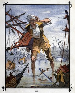 Lemuel Gulliver en el centro de una batalla naval entre los barcos de Lilliput y Blefuscu. Ilustración de “Los viajes de Gulliver” de Jonathan Swift (1667-1745)