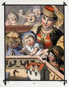 Lemuel Gulliver en la tierra de los gigantes de Brobdingnag es una curiosidad para los niños. Ilustración para 