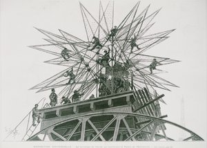 Exposición Universal de 1900: Instalación de la estrella en la cima del Palacio de la Electricidad (grabado)