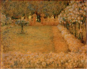El jardín blanco al crepúsculo de Gerberoy de Henri Le Sidaner
