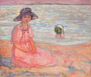 Mujer con Vestido Rosa junto al Mar de Henri Lebasque