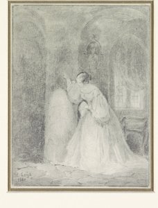 Interior con una mujer joven apoyada en una columna de Henri Leys (baron)