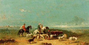 Grupo de jinetes árabes con un pastor de cabras en un paisaje amplio de Henri Lucien Robert