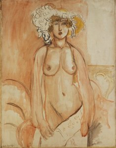 Antoinette de pie, con el torso desnudo y sombrero de plumas, c.1918 (óleo sobre lienzo) de Henri Matisse