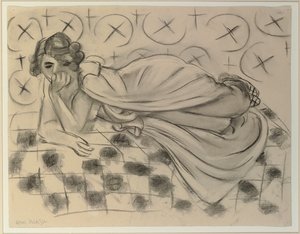 Figura drapeada tumbada en un sofá negro a cuadros de Henri Matisse