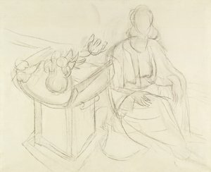 Mujer sentada - Naturaleza muerta con flores sobre una mesa (carboncillo sobre lienzo) de Henri Matisse