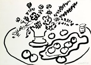 Bodegón con jarrón de flores y plato de fruta de Henri Matisse