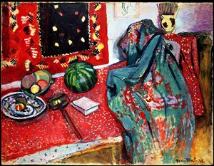 Naturaleza muerta con alfombra roja de Henri Matisse