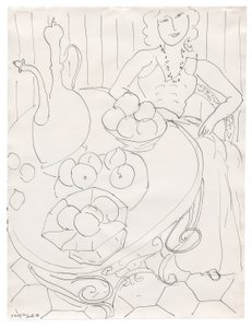 Mujer sentada a la mesa con fruta y jarra de Henri Matisse