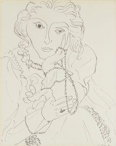 Mujer con camisa de volantes y collar de perlas de Henri Matisse