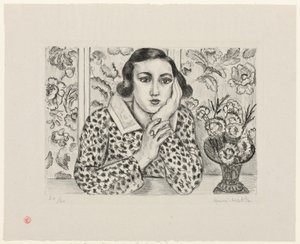 Niña apoyada junto a un biombo con motivos florales de Henri Matisse