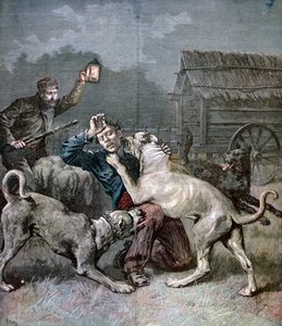 Un criminal atacado por tres perros grandes, 1891 de Henri Meyer