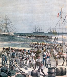 Desembarco de las tropas senegalesas en el nuevo muelle de Cotonou, Benín, 1892 de Henri Meyer