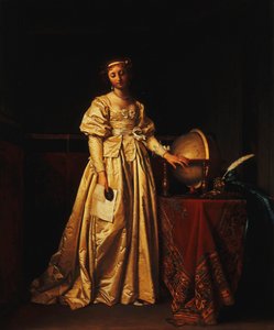 Una dama en un interior, con un vestido de satén amarillo, con un globo en una mesa a su lado, lamentando la ausencia de su esposo