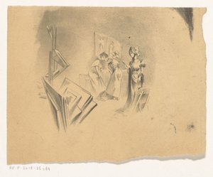 Tres mujeres ven grabados en un estudio de Henri Patrice Dillon (possibly)