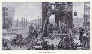 Sitio de Alesia, Galia, 52 a.C., Ilustración de Moderne Kunst in Meister-Holzschnitten (Richard Bong, Berlín, c. 1904) de Henri Paul (after) Motte