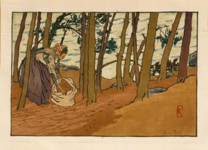 Mujer recogiendo agujas de pino (Orillas del Trieux, Loguivy) de Henri Rivière